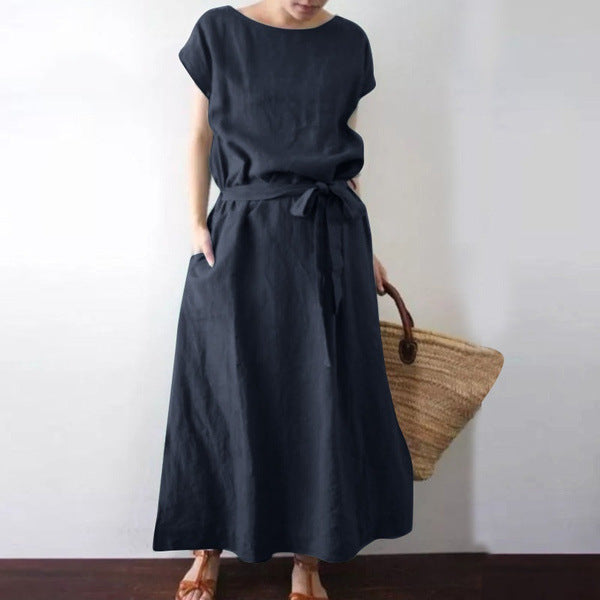 Bohemian Short Sleeve Cotton Linen Belt Long Dress