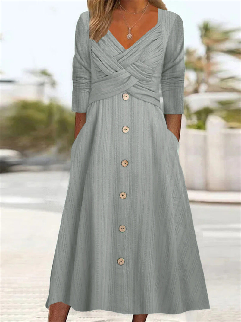 V-neck Cross Button Dress