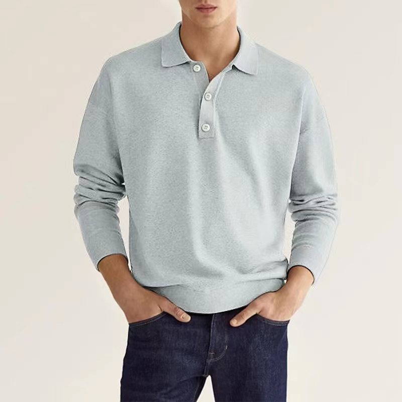 Spring Long Sleeve V-neck Button Men's Casual Top Polo Shirt