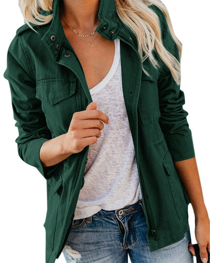 Women's Casual Fashion Solid Color Loose Zip Lapel Jacket