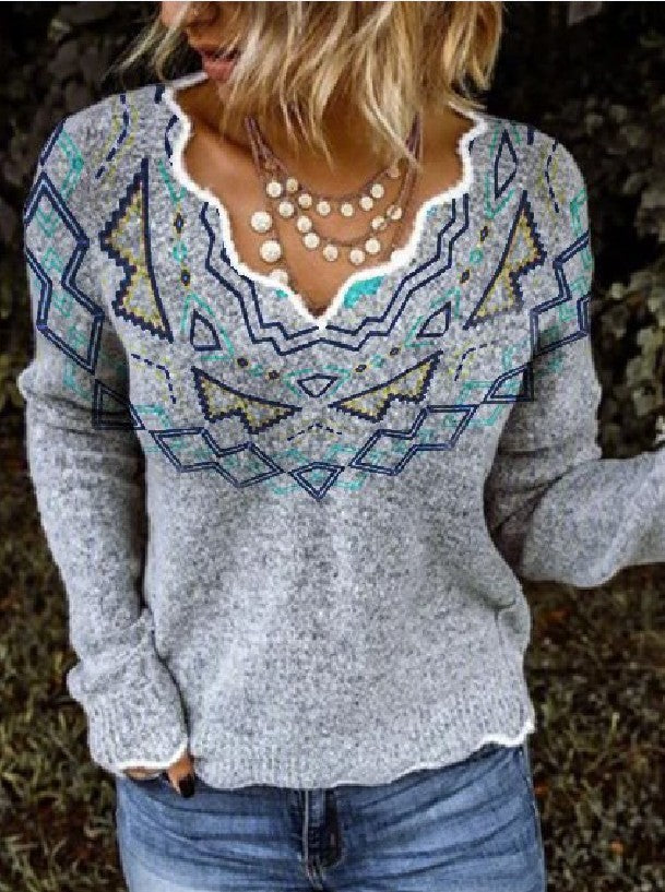 Leisure V-Neck Long Sleeve Printed Top