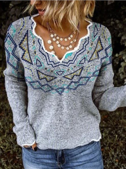 Leisure V-Neck Long Sleeve Printed Top