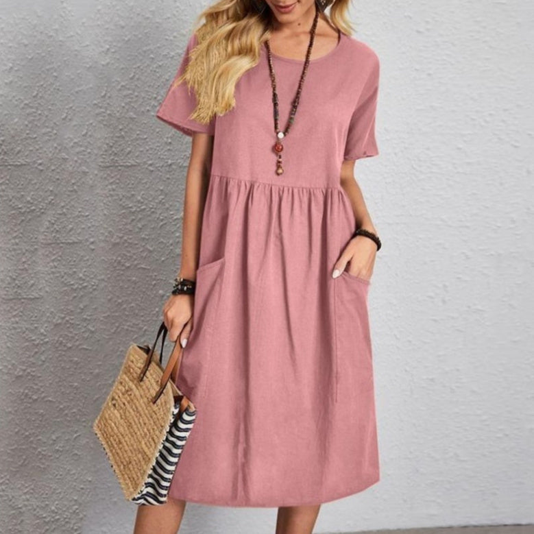 Round-neck Short Sleeve Pocket Pleated Loose Dress