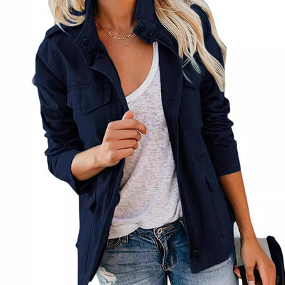 Women's Casual Fashion Solid Color Loose Zip Lapel Jacket