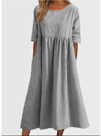 Cotton Linen Short Sleeve Pocket Dress