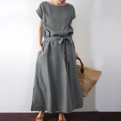 Bohemian Short Sleeve Cotton Linen Belt Long Dress