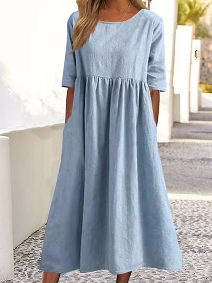 Cotton Linen Short Sleeve Pocket Dress