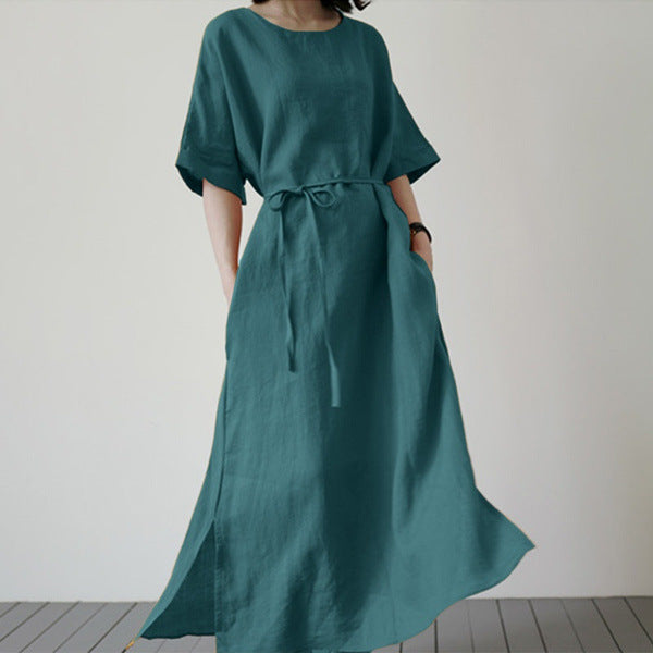 Elegant Side-Slit Hem Sundress with Belt