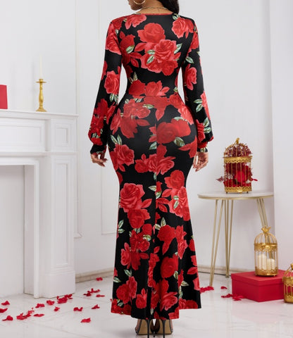 V-neck Floral Print Fashionable Hip Hugging Dress