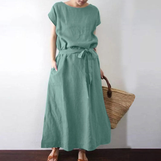 Bohemian Short Sleeve Cotton Linen Belt Long Dress