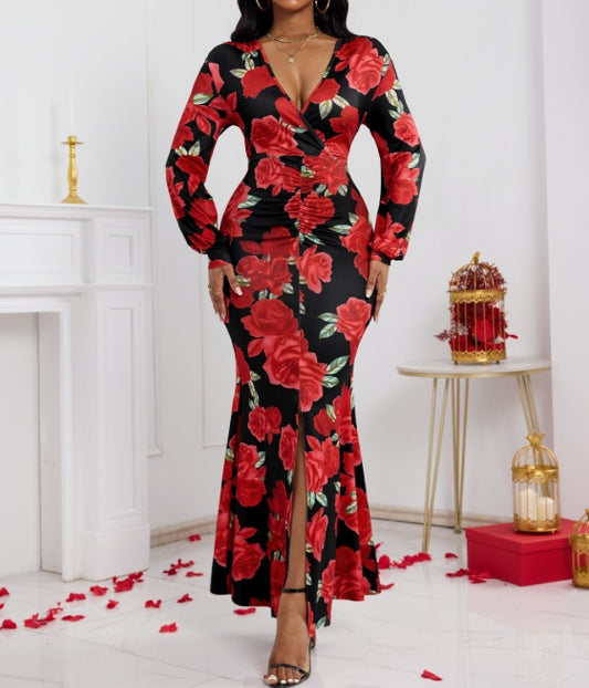 V-neck Floral Print Fashionable Hip Hugging Dress