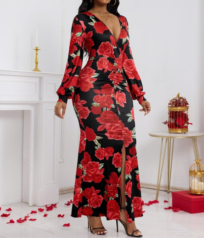 V-neck Floral Print Fashionable Hip Hugging Dress