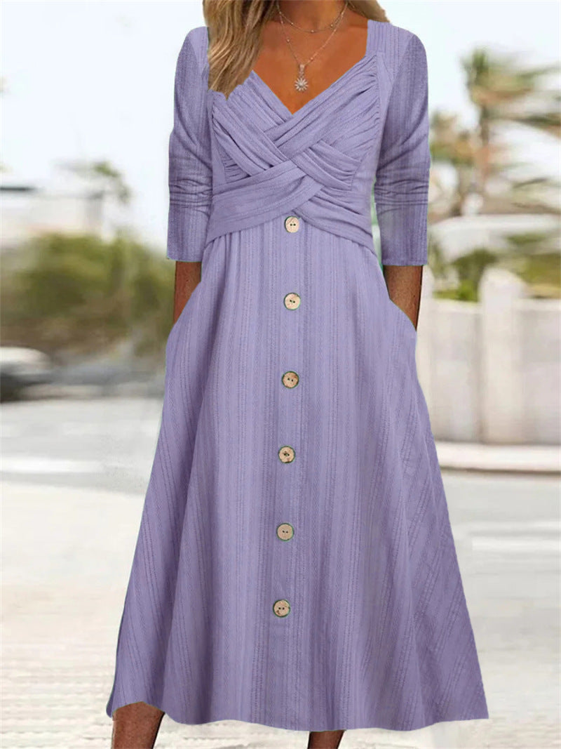 V-neck Cross Button Dress