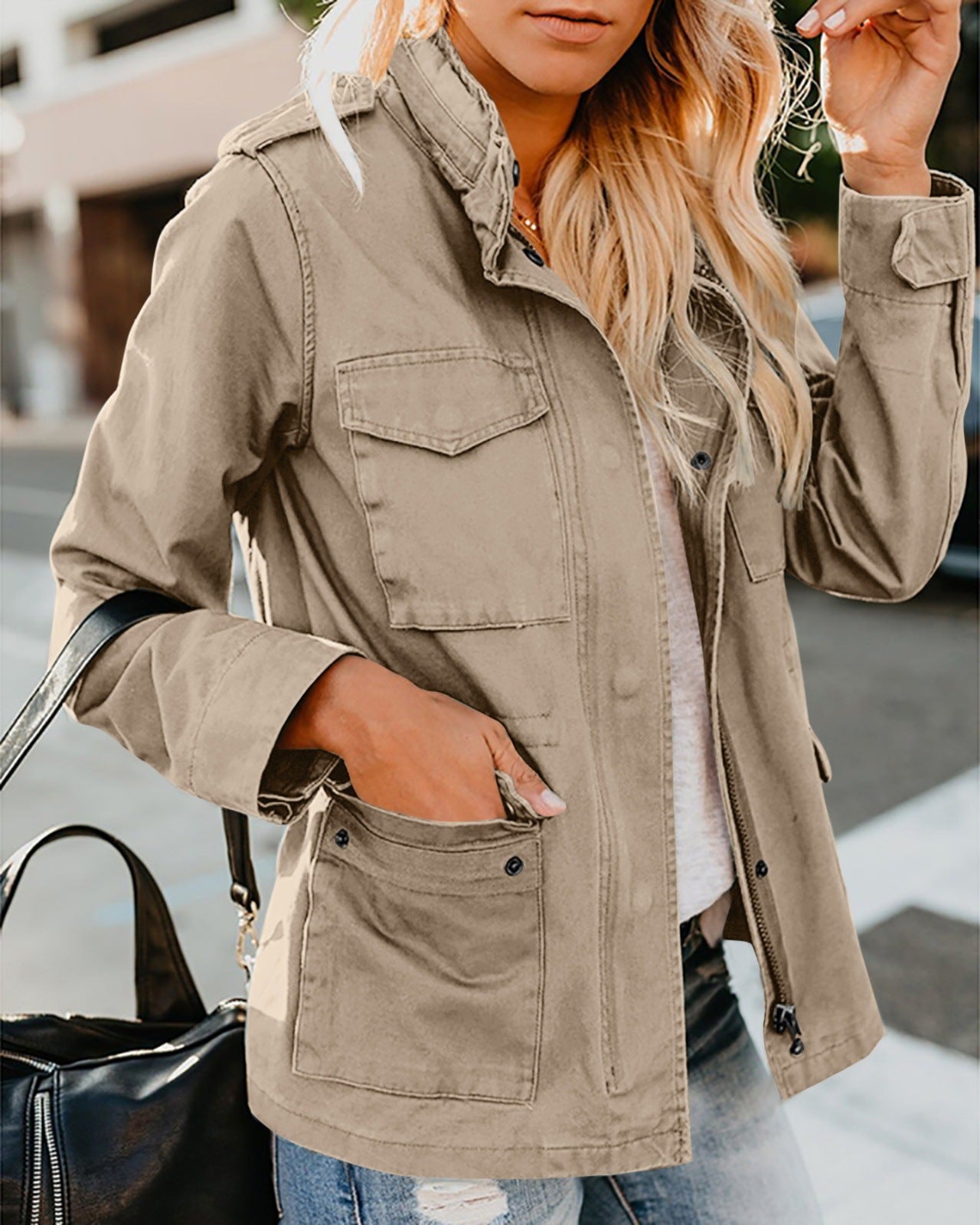 Women's Casual Fashion Solid Color Loose Zip Lapel Jacket