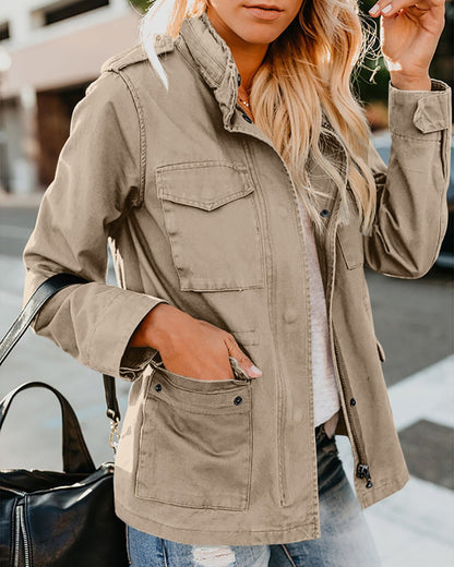 Women's Casual Fashion Solid Color Loose Zip Lapel Jacket