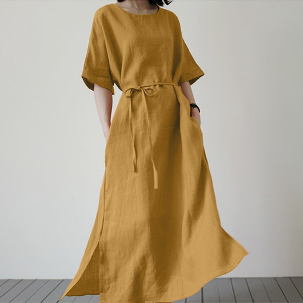 Elegant Side-Slit Hem Sundress with Belt