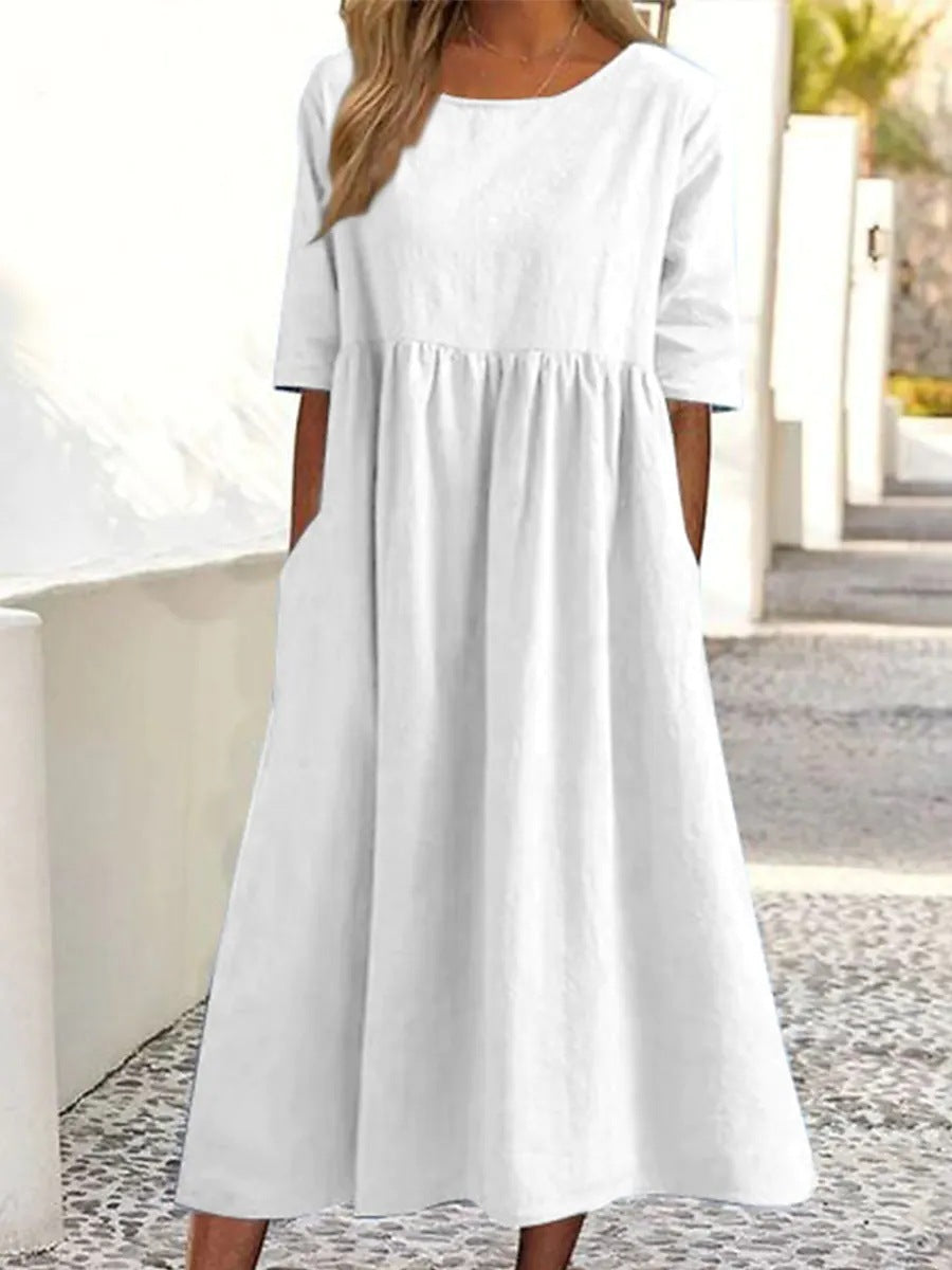 Cotton Linen Short Sleeve Pocket Dress