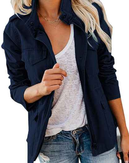 Women's Casual Fashion Solid Color Loose Zip Lapel Jacket