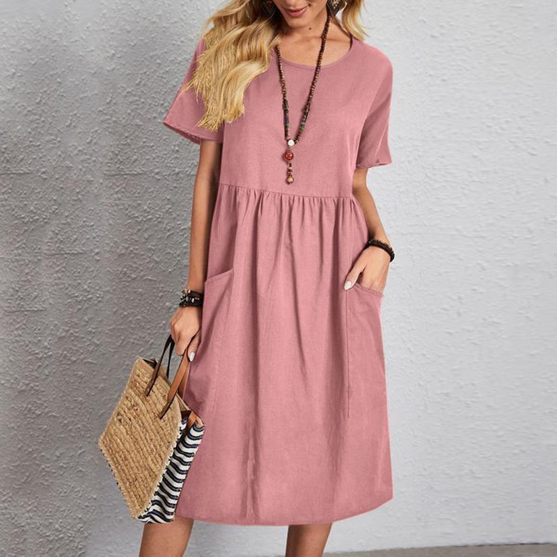 Round-neck Short Sleeve Pocket Pleated Loose Dress