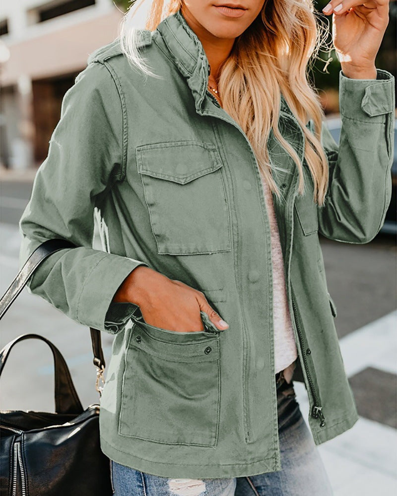 Women's Casual Fashion Solid Color Loose Zip Lapel Jacket