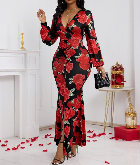 V-neck Floral Print Fashionable Hip Hugging Dress