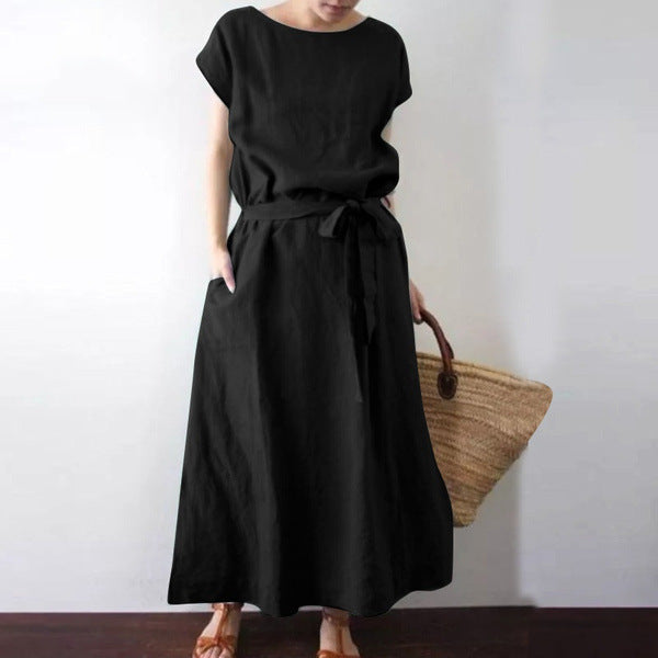 Bohemian Short Sleeve Cotton Linen Belt Long Dress