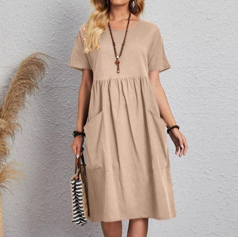 Round-neck Short Sleeve Pocket Pleated Loose Dress