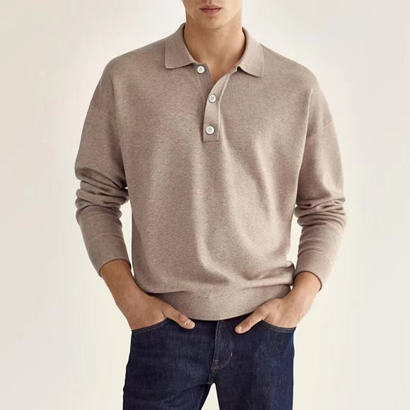 Spring Long Sleeve V-neck Button Men's Casual Top Polo Shirt