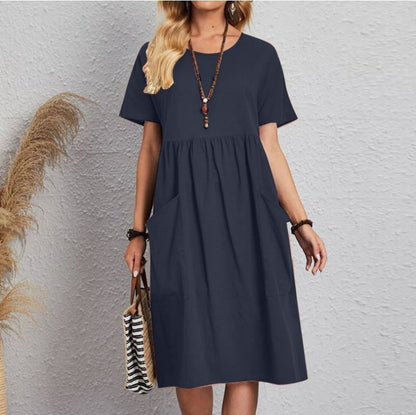 Round-neck Short Sleeve Pocket Pleated Loose Dress