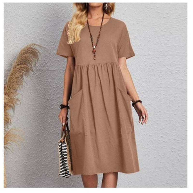 Round-neck Short Sleeve Pocket Pleated Loose Dress