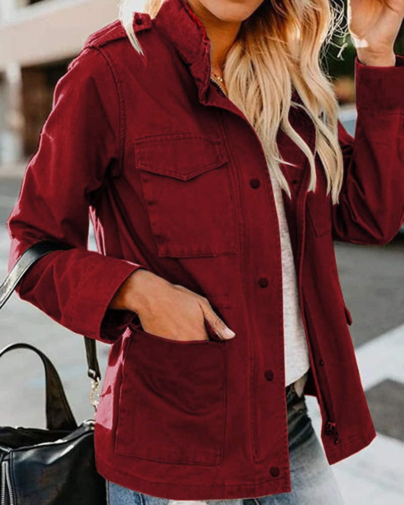 Women's Casual Fashion Solid Color Loose Zip Lapel Jacket