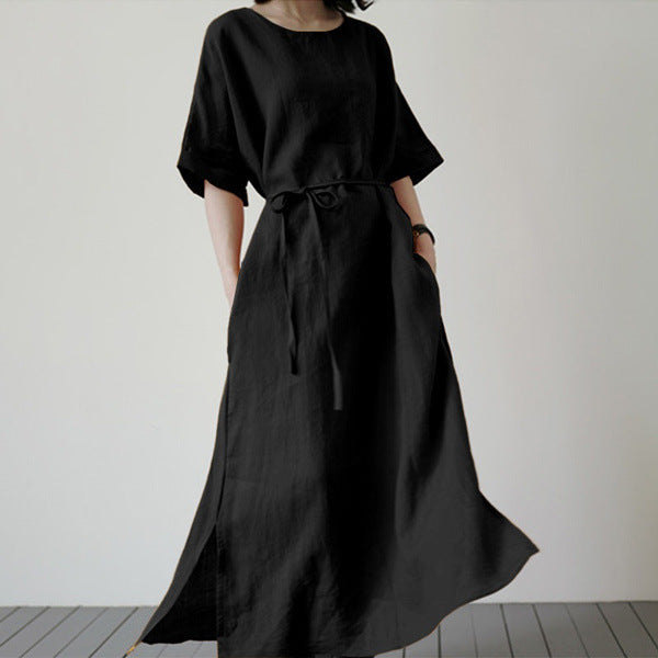 Elegant Side-Slit Hem Sundress with Belt