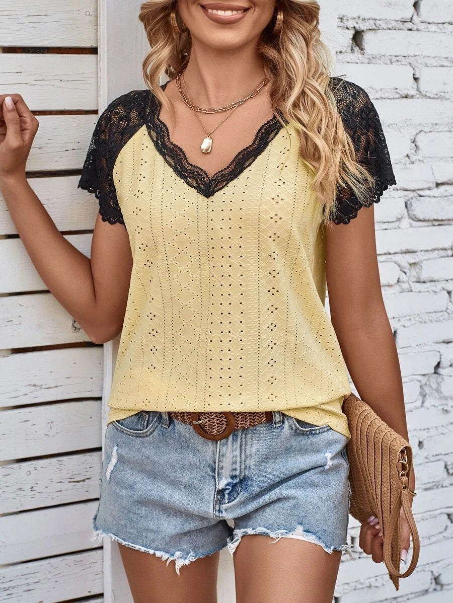 V-neck Short Sleeved Patchwork Lace Trimmed Sleeve Top