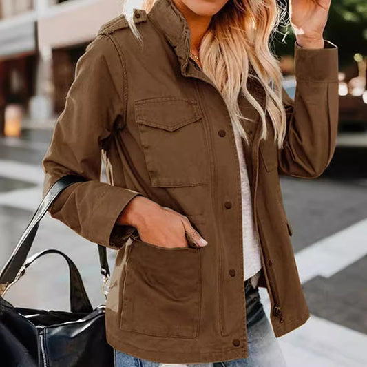 Women's Casual Fashion Solid Color Loose Zip Lapel Jacket