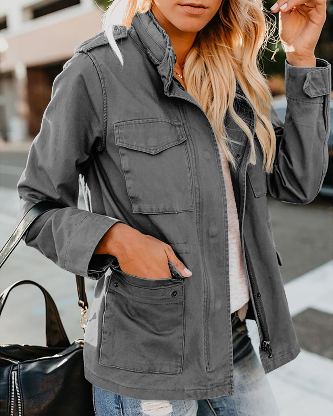 Women's Casual Fashion Solid Color Loose Zip Lapel Jacket